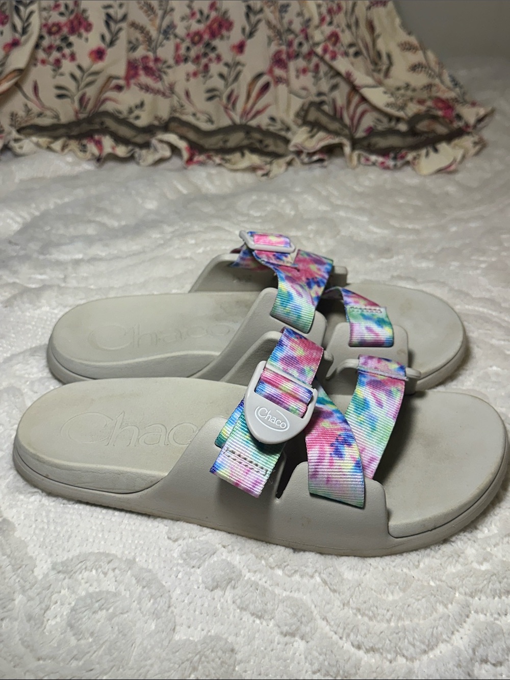 Chaco womens Tie-Dye Strappy Slide Sandals - Pink, Blue, Green colors